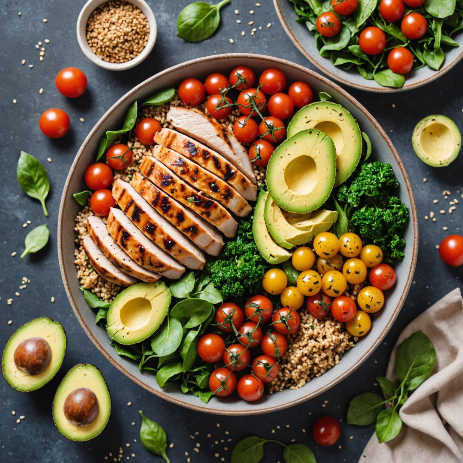 Healthy protein bowl with lean chicken, brown rice, and fresh vegetables